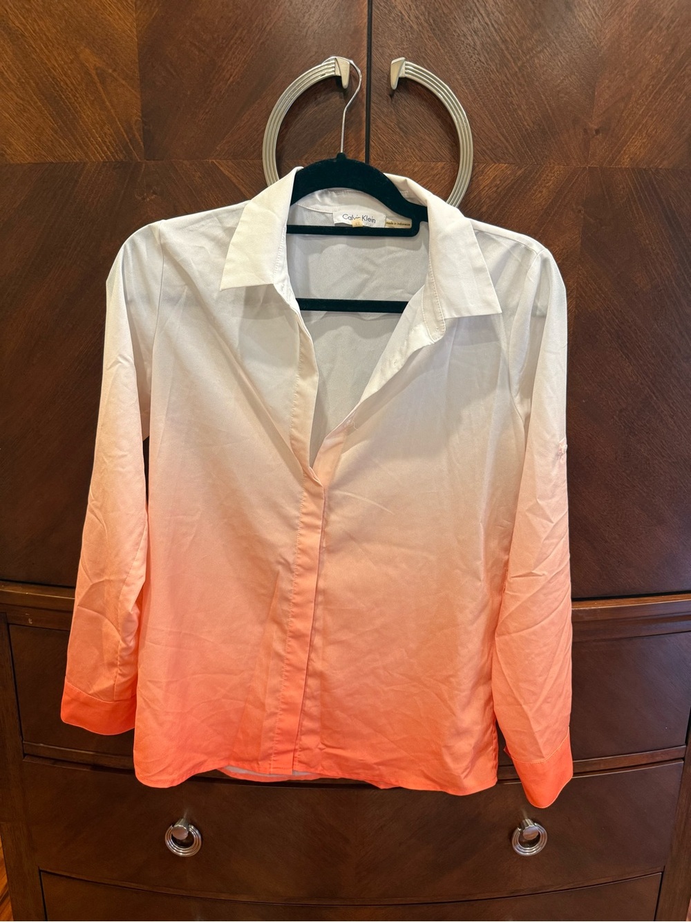 Calvin Klein White to Coral Ombre Button-Down Blouse